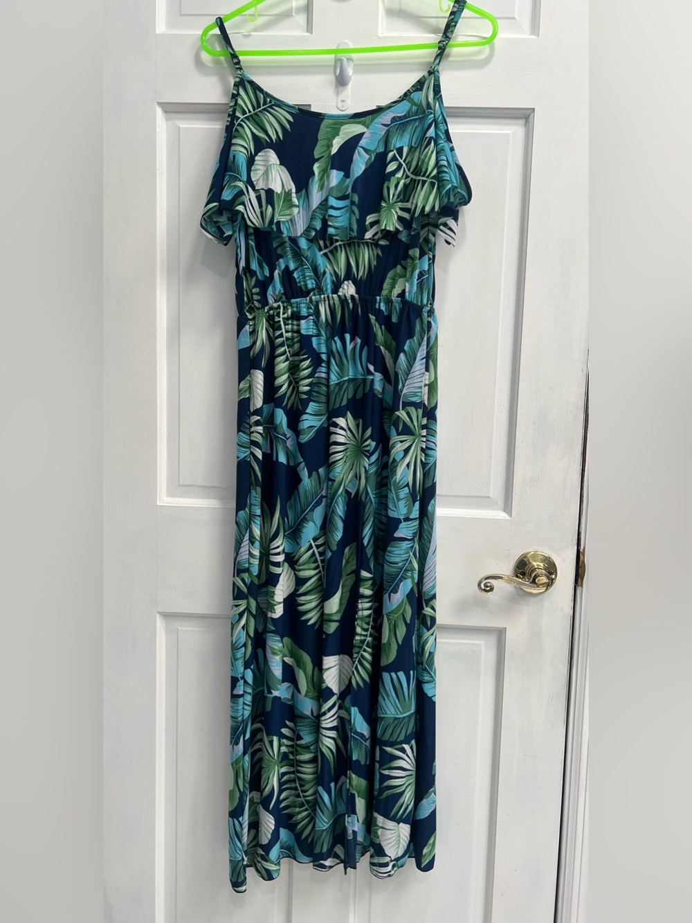 UNBRANDED Blue Green Palm Print Maxi Cold Shoulder Dress SIZE LARGE Pre Loved - Picture 5 of 6